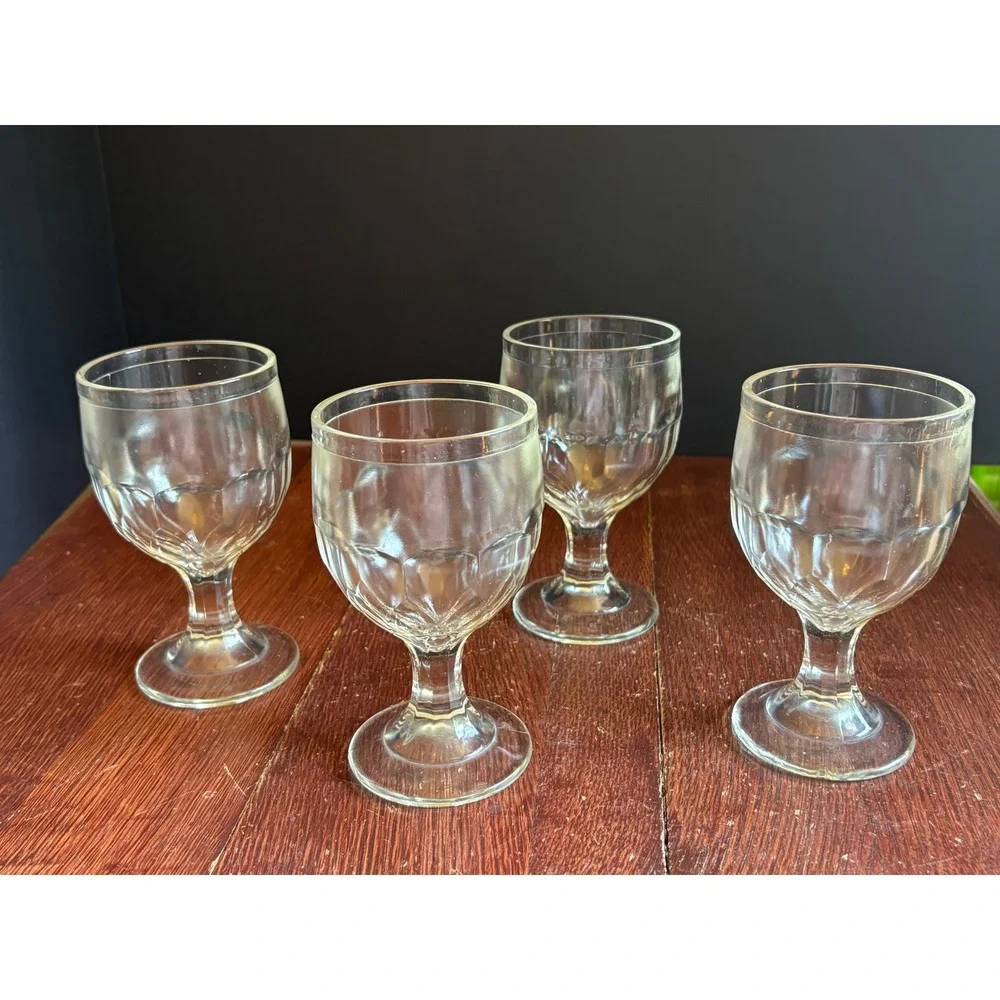 Vintage Clear Glass Stemmed Goblets Set of 4 Paneled Thumbprint Water Wine 4.5